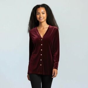 Vanessa Stevens Vintage Burgundy Velvet Look Long Sleeved Tunic w Gold Buttons